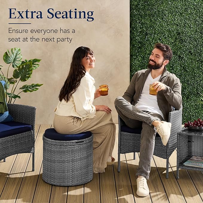 Best Choice Products Round Wicker Ottoman, Multipurpose Outdoor Furniture for Patio, Backyard, Additional Seating, Footrest, Side Table w/Storage, Removable Cushions – Gray/Navy