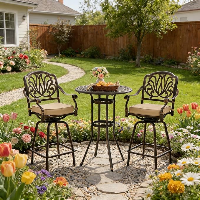 3 Piece Swivel Outdoor Table and Chairs Bar Set , All-Weather Cast Aluminum Outdoor High Top Patio Bar Set Bistro Set, High Swivel Stools with Cushions Umberlla Hole for Balcony, Poolside,Garden,Lawn