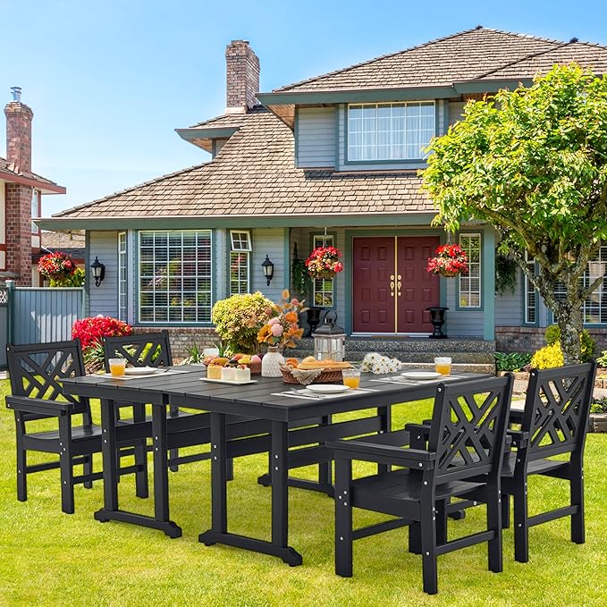 HDPE Outdoor Dining Set,6-Piece Outdoor Table and Chairs Include 4 Dining Chairs and 2 Pcs 62.5" Patio Dining Table with Umbrella Hole (Black)
