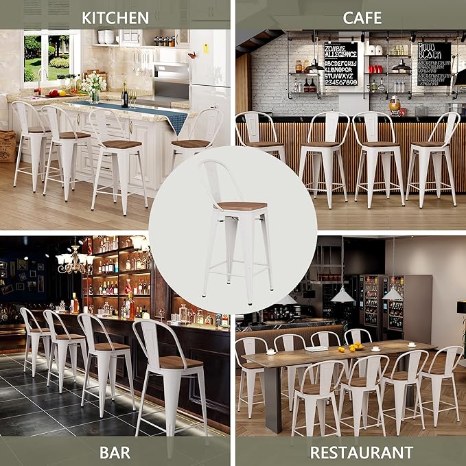 Yongqiang 30 inch Bar Stools Set of 4 Farmhouse Bar Height Stools High Back Kitchen Bar Chairs Cream White Metal Barstools with Large Wooden Seat