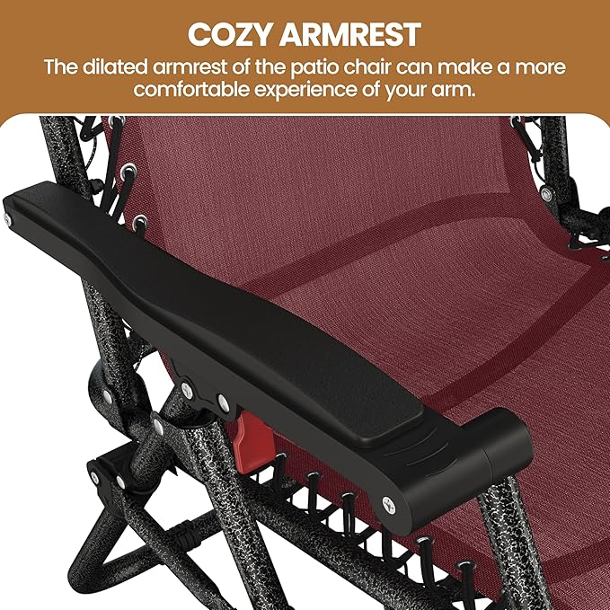 Yaheetech Zero Gravity Recliners Outdoor Adjustable Folding Reclining Lounge Chairs w/Pillows, Cup Holder Trays and Carry Strap for Patio Backyard Beach Burgundy Set of 2