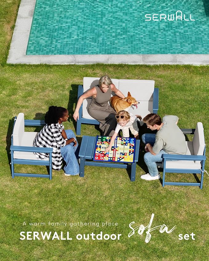 SERWALL 5 Pieces HDPE Outdoor Sofa Set with Cushions, All Weather Use Patio Conversation Couch Loveseat Furniture with Coffee Table for Balcony, Deck, Poolside, Blue Frame with Khaki Cushions