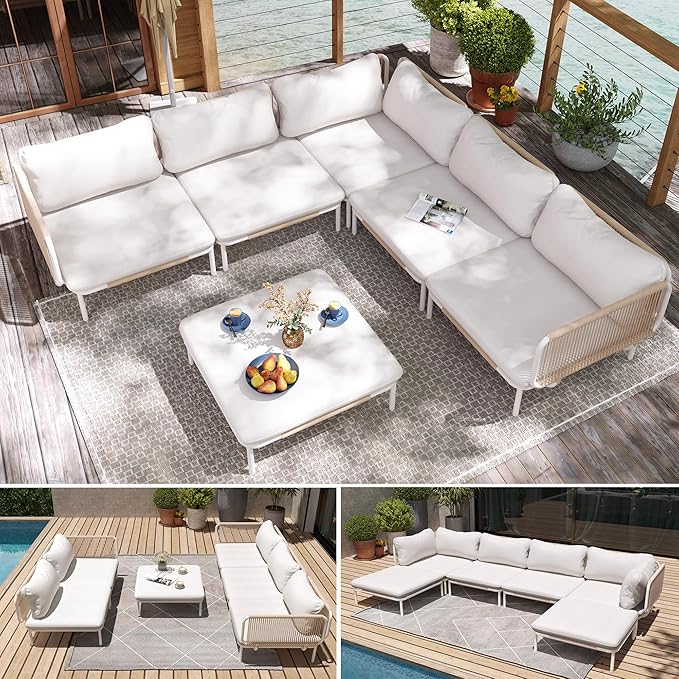6 Piece Modern Outdoor Sectional Sofa, 31" Oversized Patio Furniture Set with Olefin Woven Rope, Weather-Resistant Metal Frame and Removable Cushion, Beige