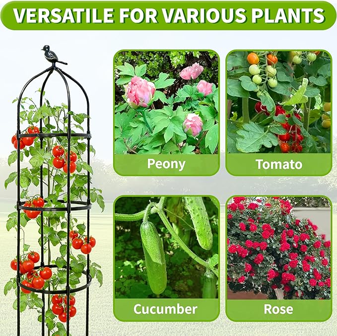 2-Pack 6.7FT Garden Obelisk Trellis for Climbing Plants,Adjustable 5-Tier Metal Plant Support,Rustproof Outdoor Plant Tower with 3 Decorative Tops for Roses,Tomatoes,Clematis & Vines,Black