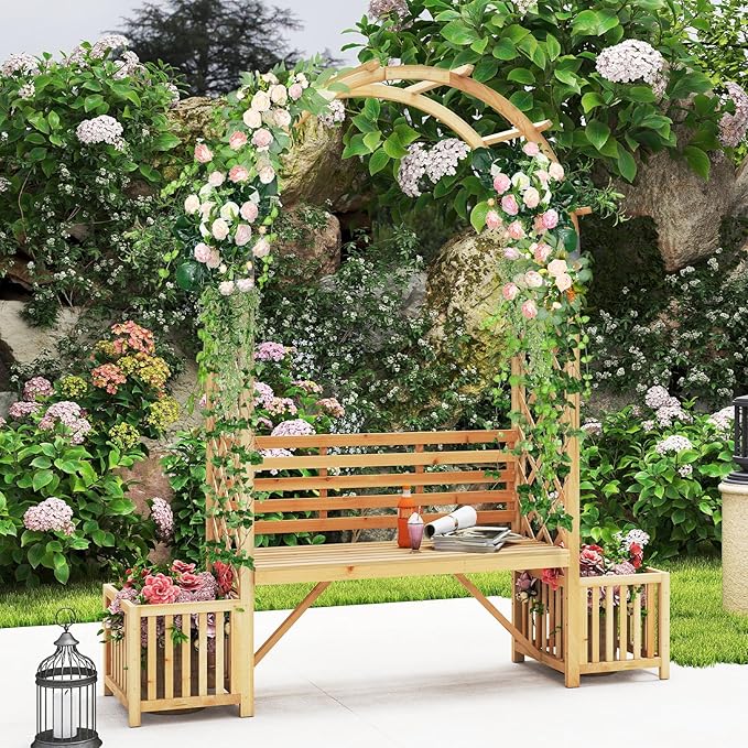 Giantex Outdoor Bench with Garden Arch & Planters, Wooden Pergola Archway, Outdoor Trellis for Climbing Plants, Patio Decorative Arbor Arch for Backyard Lawn (Arched,Natural,73"x22"x80")