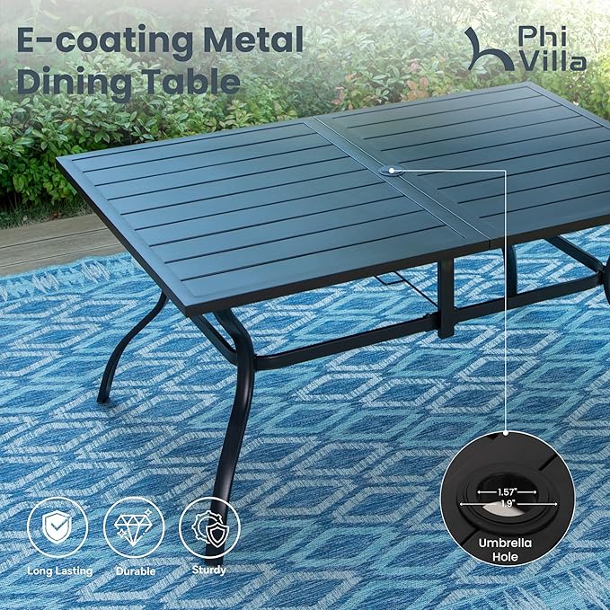 PHI VILLA 8 PCS Patio Dining Set with 13ft Large Patio Umbrella(Haze Blue), 6 Outdoor Swivel Chairs & 1 Rectangle Metal Table for 6 Person, Patio Dining Fruniture Set for Deck Garden(No Umbrella Base)