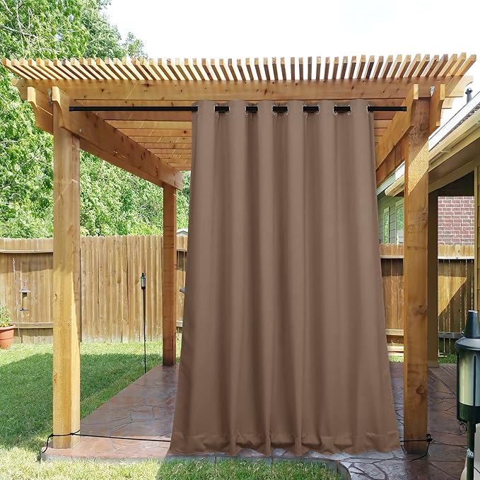 NICETOWN 2 Panels Weighted Blackout Curtains for Patio Waterproof, Grommet & Back Tab on Top & Bottom Windproof Blackout Outdoor Curtains for Porch with Bouns Rope for Fixed, Tan, W84 x L84