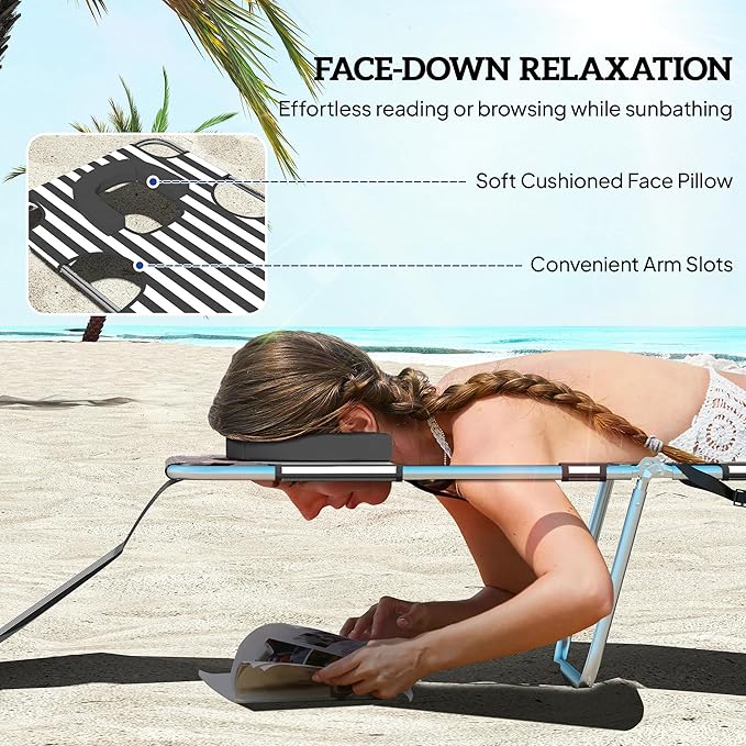 Outsunny Chaise Lounge Chair Outdoor with Face Arm Hole, 5-Position Reclining Face Down Tanning Chair with Carry Strap, Side Pocket, Portable Folding Bed Cot for Patio Beach Pool, Black Stripe