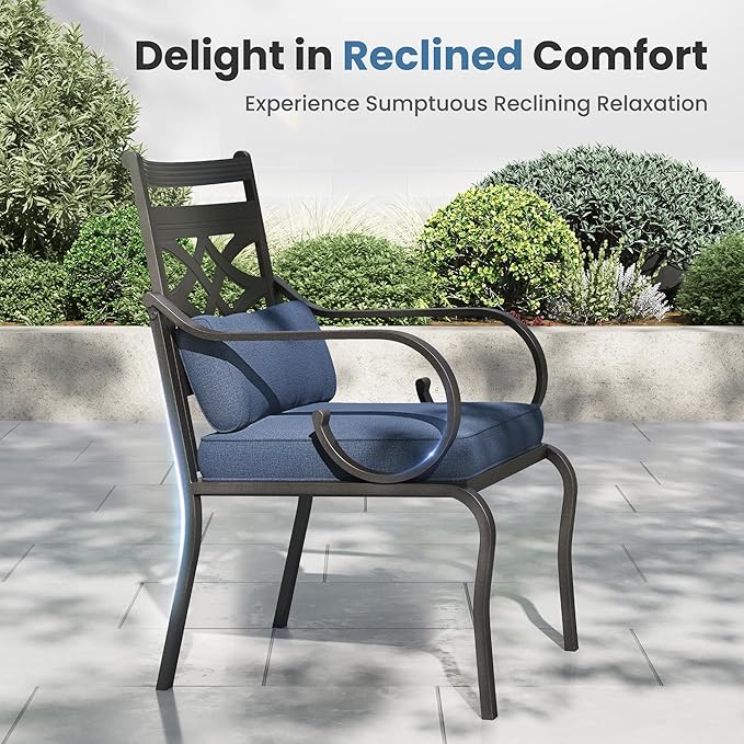 PHI VILLA 5 Pieces Outdoor Dining Set for 4, 42" Round Black Metal Table with Umbrella Hole & Wrought Iron Chairs, Large Outside Furniture with Blue Cushions & Pillows for Patio, Deck, Porch