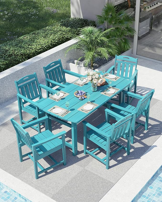 Ciokea HDPE Outdoor Dining Set, 7-Piece Patio Table and Chairs Set with Umbrella Hole, All-Weather Patio Dining Sets for 6, Durable Patio Furniture for Backyard, Garden, Lawn & Poolside, Lake Blue
