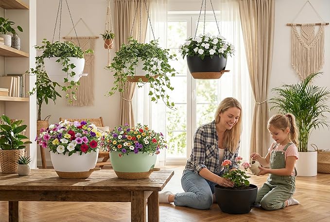 Hanging Planters, 3-Pack 10 Inch Self-Watering Pots with Drainage Holes and Chains, Matte Plastic Planters for Indoor/Outdoor Plant（Black）