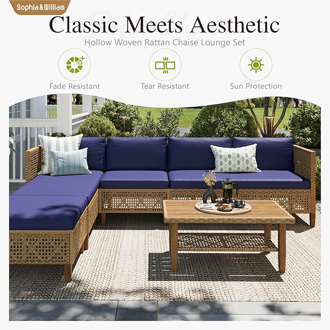 Sophia and William 5-Piece Wicker Patio Furniture Set, L-Shaped Outdoor Sectional Sofas with Ottoman and Acacia Wood Coffee Table, Rattan Conversation Set wtih Cushions, Blue