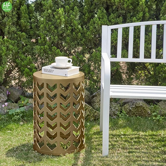 Nesting Side Table Set of 3 Decorative Round Garden Stools for Indoor Outdoor Heavy Duty Metal Frame Side Table Nightstands Modern End Table Plant Stand, Glossy Golden