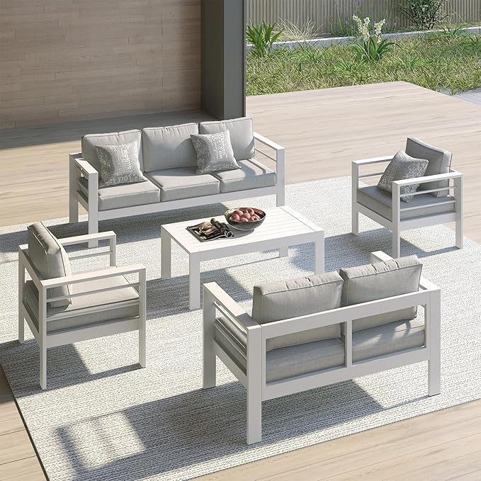 All-Weather Aluminum Outdoor Coffee Table, Modern Coffee Table for Outside, Rectangle Patio Coffee Table for Balcony Garden, White