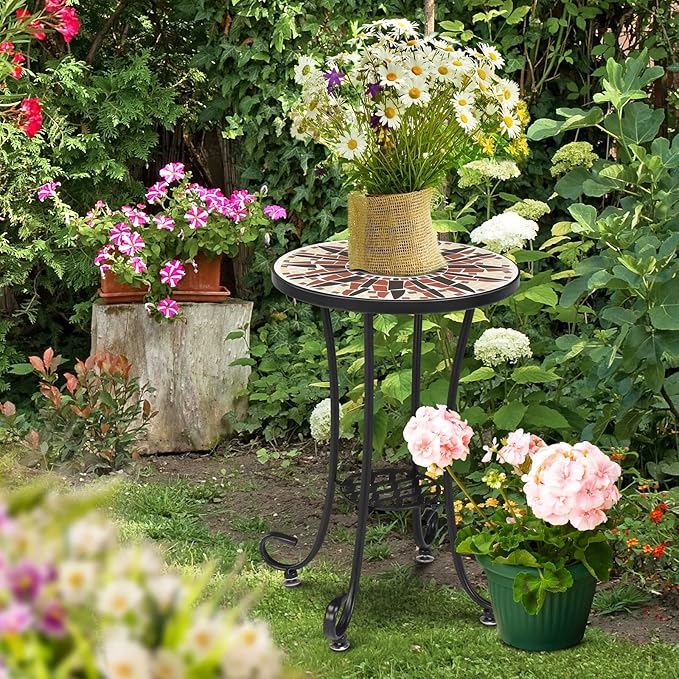 VINGLI Mosaic Outdoor Side Table, 14" Round End Table, Accent Table, Ceramic Tile Top Black Iron,Brown Flower
