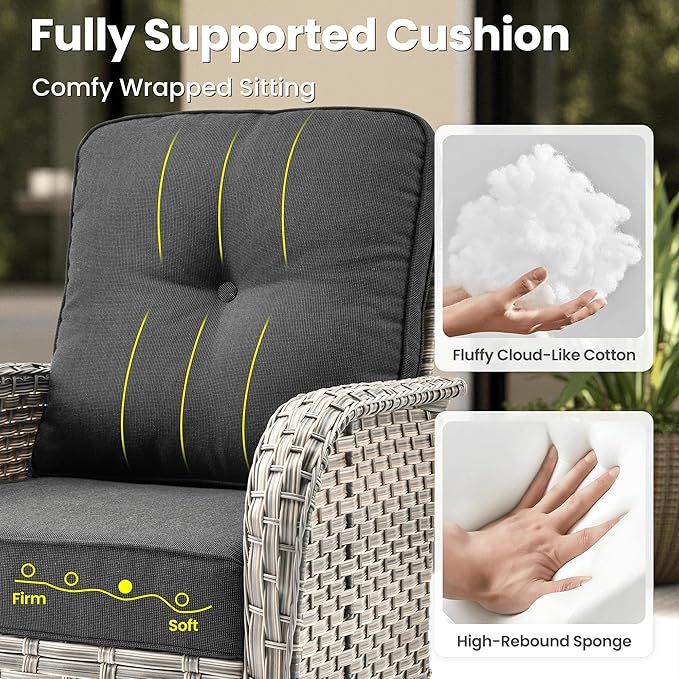 ovios 8-Piece Patio Furniture Set with L-Shape Sofa Chaise, Outdoor Sectional Couch Swivel Gliders Fire Pit Table, Modern Modular Wicker Rattan Conversation Set, Black