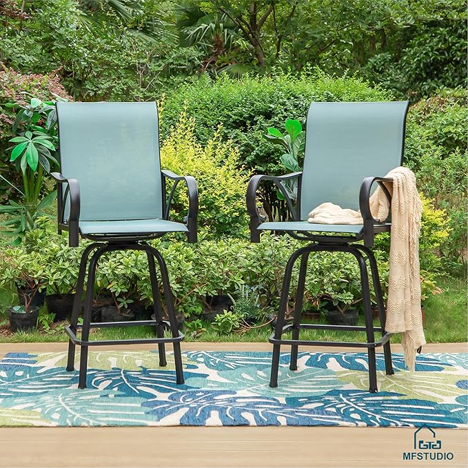MFSTUDIO Outdoor Bar Stools Set of 2, Swivel Bar Height Patio Chairs Outdoor Barstools High Top Patio Swivel Bar Chairs with Armrest, Breathable Textilene, Turquoise Blue