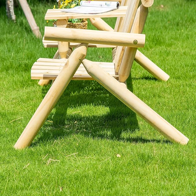 Outsunny 2-Seat Wooden Adirondack Chair, Patio Bench with Table, Outdoor Loveseat Fire Pit Chair for Porch, Backyard, Deck, Natural