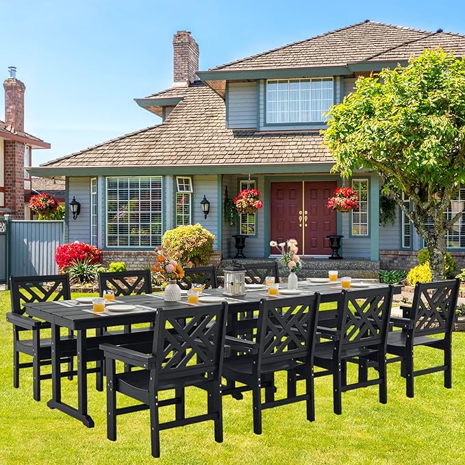 HDPE Dining Table Set for 8,10-Piece Outdoor Table and Chairs Include 8 Dining Chairs and 2 Pcs 62.5" Patio Dining Table with Umbrella Hole (Black)