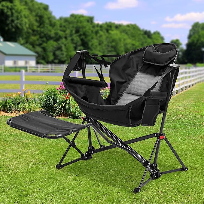 Ainfox Hammock Chair with Footrest, Oversized Swinging Portable Folding Camping Chairs for Adults Outside Swinging Camp with Cup Holder Pillow for Outdoor Patio Lawn Black