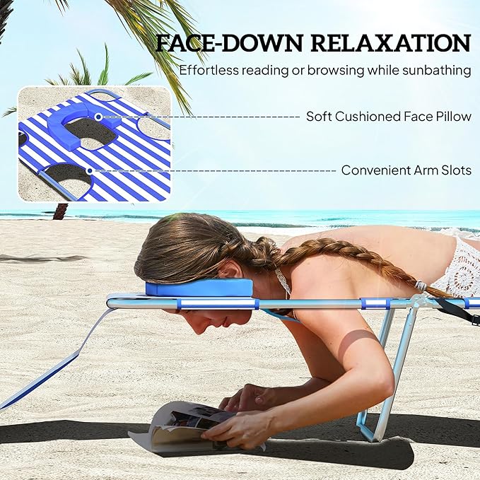 Outsunny Chaise Lounge Chair Outdoor Set of 2 with Face Arm Hole, 5-Position Reclining Face Down Tanning Chair with Carry Strap, Side Pocket, Portable Folding Bed Cot for Patio Beach Pool, Blue Stripe