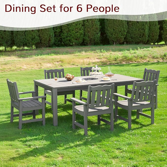 Stoog All-Weather Patio Dining Table for 6, Outdoor HIPS & Aluminum Frame Dining Table with 350 lbs Weight Capacity, Umbrella Hole, Grey