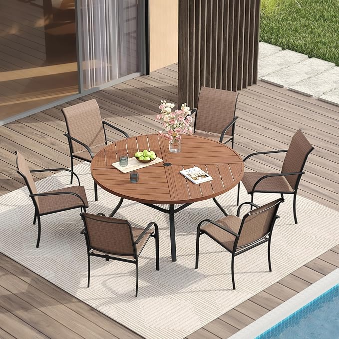 VICLLAX Patio Table and Chair Set of 6, All Weather Metal Round Outdoor Dining Furniture Set-47 Round Outdoor Table and Chairs, Walnut Wood Grain Tabletop