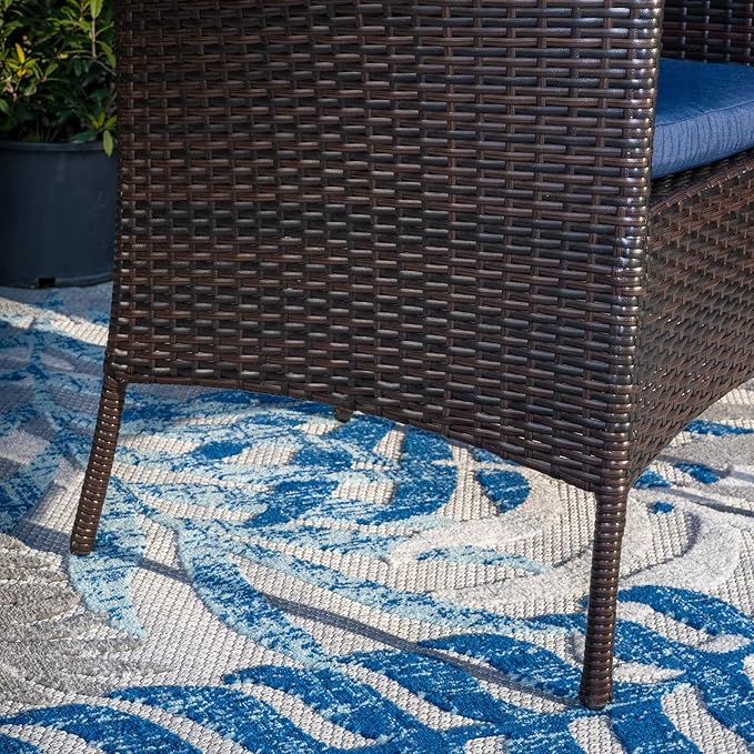 PHI VILLA 7 Piece Outdoor Dining Set for 6, Rectangular Wrought Iron Dining Table with Umbrella Hole & Cushioned Rattan Wicker Chairs for Patio, Deck, Yard, Porch