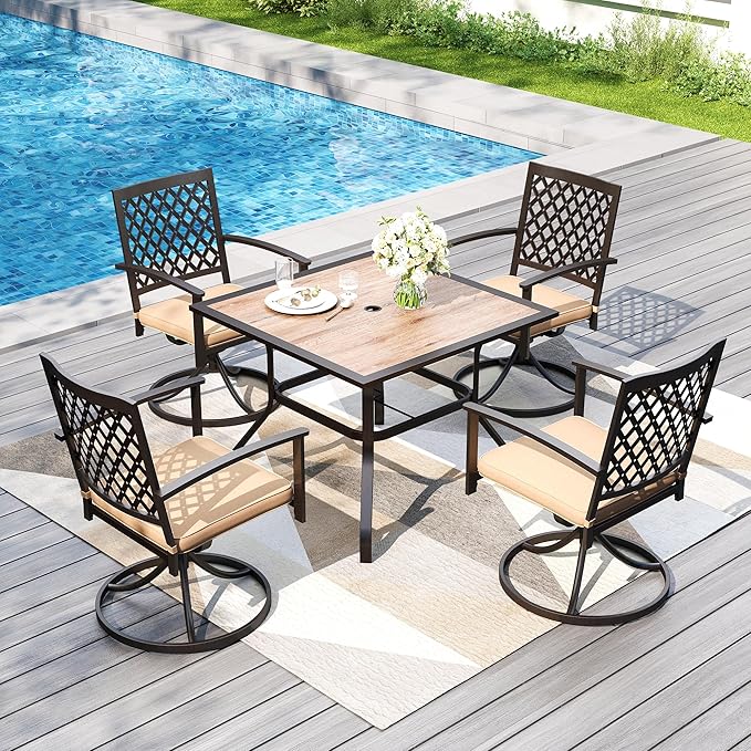 PHI VILLA 5 Pieces Outdoor Dining Set for 4, 37” Square Metal Steel Table with Polywood Tabletop & Swivel Wrought Iron Chairs with Cushions, Outside Furniture Set for Patio, Deck, Yard, Porch