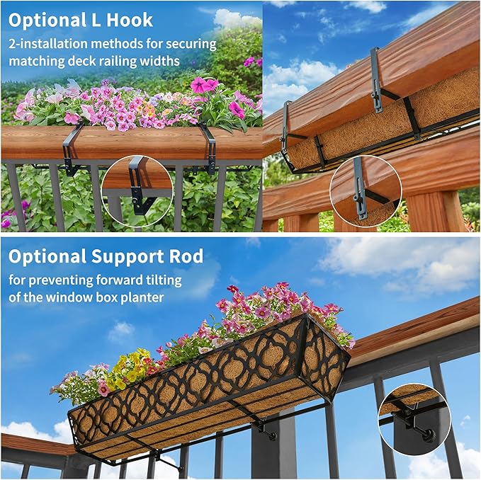 Y&M 30 Inch Window Deck with Coco Liner, Fence Metal Hanging Flower Planter Window Basket Deck Railing Planter Boxes for Outdoor Garden Lawn,6pcs