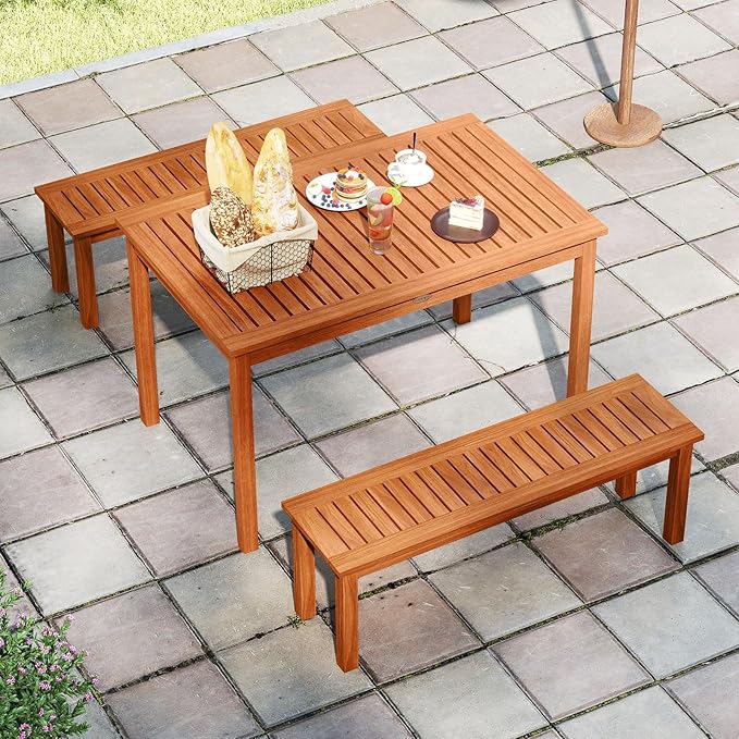 Tangkula Outdoor Wood Bench, 2-Person Backless Patio Garden Bench with Slatted Seat, Front Porch Dining Seating Furniture for Deck, Yard and Park (1)