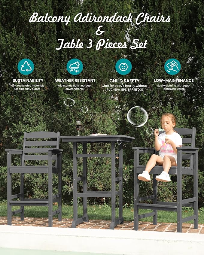 SERWALL Tall Adirondack Chairs Set of 2, Oversize Balcony Adirondack Chairs Set, Outdoor Bar Height Barstools Widened Chair Set for Bistro, Poolside, Garden, Gray