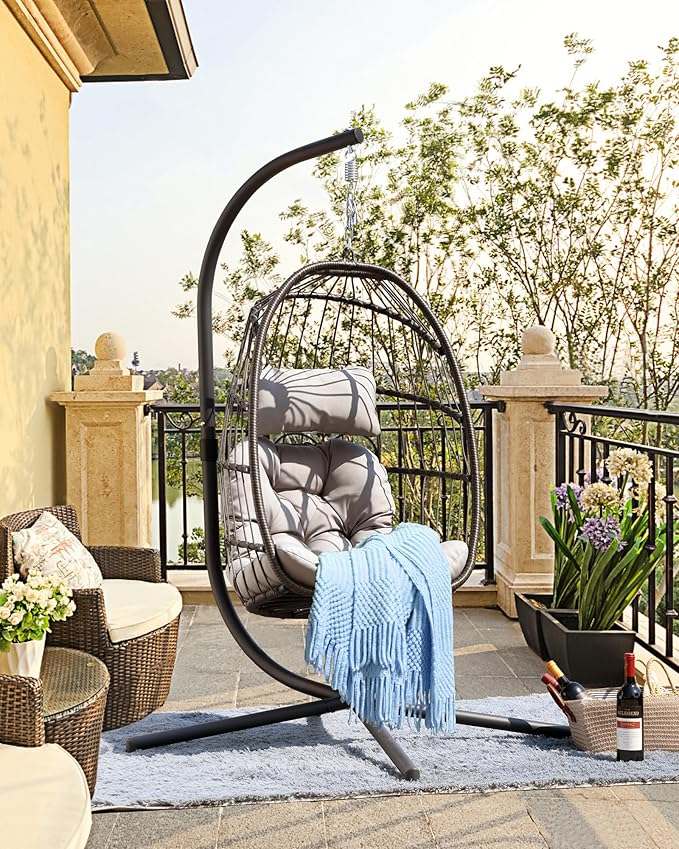 FREDEES Egg Swing Chair with Stand, Outdoor Hanging Egg Chair with Cushion for Patio/Porch/Balcony/Indoor (Light Gray)