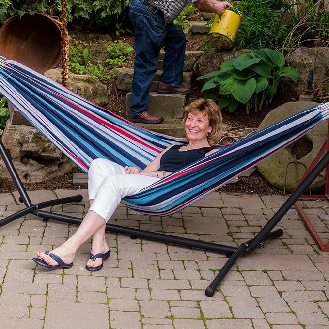 Vivere Double Cotton Hammock with Space Saving Steel Stand, Upgraded Polyester End Strings 450 lb Capacity - Premium Carry Bag Included - (Denim)