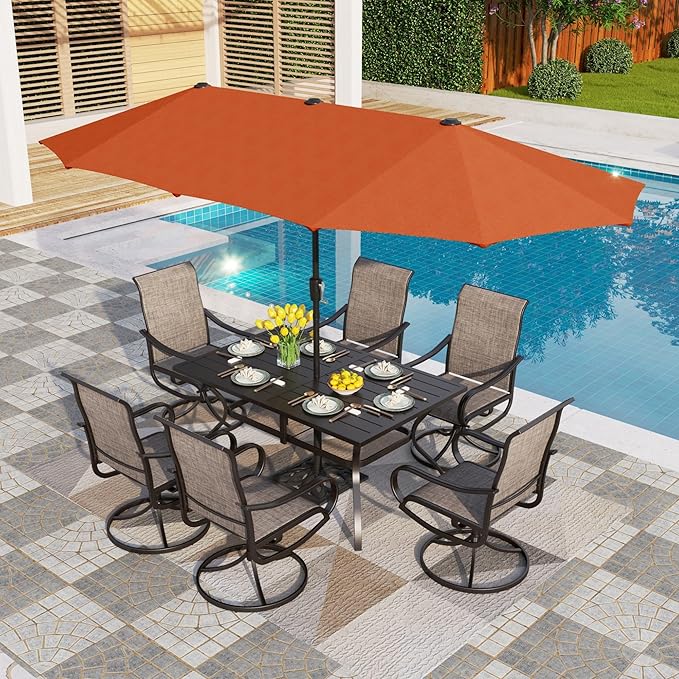 PHI VILLA 8 PCS Patio Table Chairs Set with Umbrella, 6 Swivel Outdoor Dining Chairs & 60"x 38" Rectangle Metal Table for 6 Person with 13ft Orange Red Outdoor Umbrella(No Base)