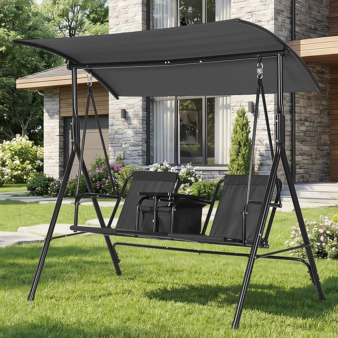 2-Person Porch Swing with Cup Holders, Pivot Storage Table & Cooler Bag, Adjustable Canopy, Black Steel Frame Outdoor Patio Swing for Backyard, Balcony & Poolside