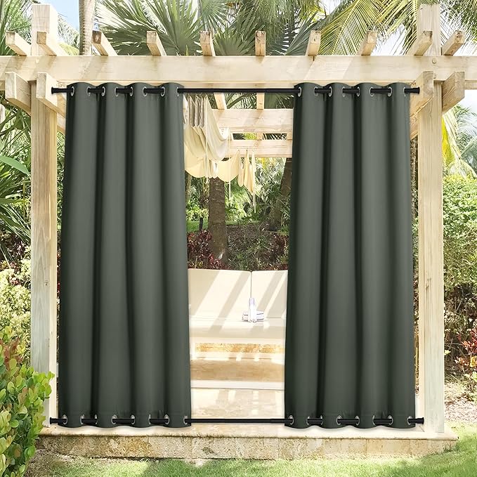 NICETOWN 2 Panels Greyish Green Blackout Bottom Weighted Outdoor Curtains for Patio, Top and Bottom Rustproof Grommet Windproof & Waterproof Thermal Outdoor Gazebo Curtains, W52 x L84