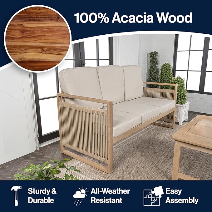 JONATHAN Y SFB1002A Gable 3-Seat Mid-Century Modern Roped Acacia Wood Outdoor Sofa with Cushions Scandinavian, Classic, Transitional, Industrial for Backyard, Patio, Porch, Beige/Light Teak