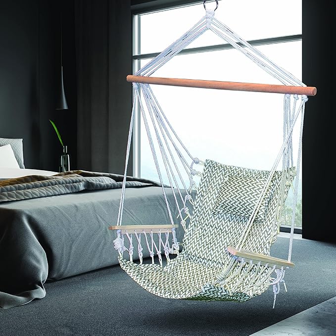 Hammock Chair Hanging Rope Swing, *12 Patterns, Quality Comfortable and Breathable Fabric - Indoor/Outdoor - Grey Herringbone Pattern