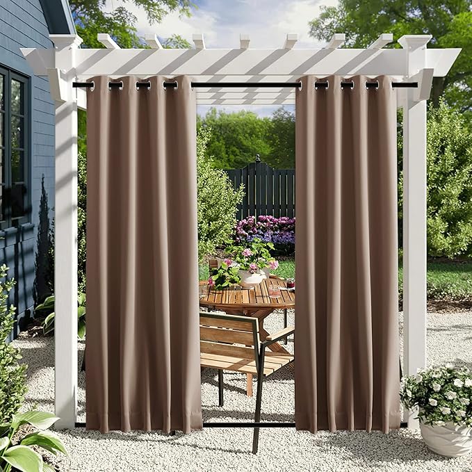 NICETOWN 2 Panels Outdoor Curtains for Patio Waterproof Top & Bottom Grommet & Back Tab, Blackout Outdoor Drapes with Rope for Fixed Windproof Privacy Sun Blocking for Porch, W46 x L90, Tan-Khaki