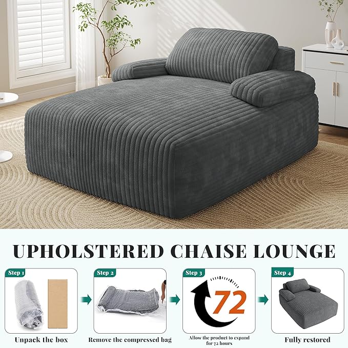 YITAHOME 67"L x 55"W Chaise Lounge Chair Indoor, Oversized Corduroy Upholstered Boneless Sofa Bed, Deep-Seat Sleeper Couch, Reading Chair, Cloud Sofa Couch for Living Room, No Assembly Required, Grey
