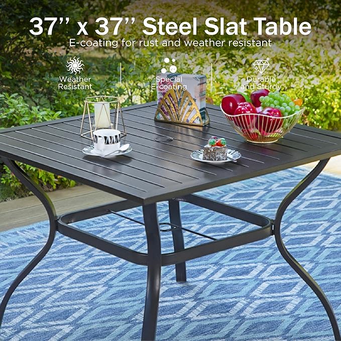 PHI VILLA 5 Pieces Outdoor Dining Set for 4 with 10ft Umbrella, 37" Metal Square Table & Swivel Wrought Iron Chair with Cushions & Red Umbrella, Modern Furniture Set for Patio, Deck, Yard, Porch