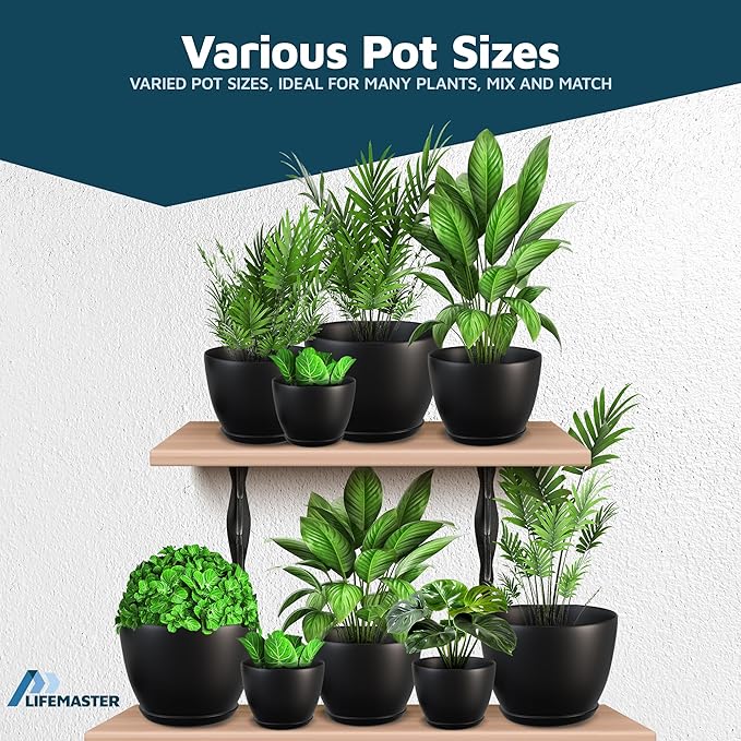 Lifemaster Plant Pots with Multi Drainage Holes - 5 Pieces Versatile, Sturdy Plastic, Stackable Design Home Decor Flower Pots for Indoor and Outdoor Gardening - Black