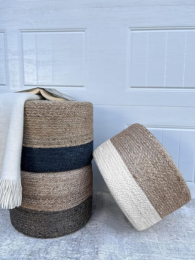 S & L Homes Pouf Ottoman - 100% Jute Braided Footrest Pouf Hand Knitted Traditional Cord Boho Pouffe for Living Room, Bedroom, Nursery, Patio, Lounge Colorblock - Natural Ivory (18”x18”x12”)