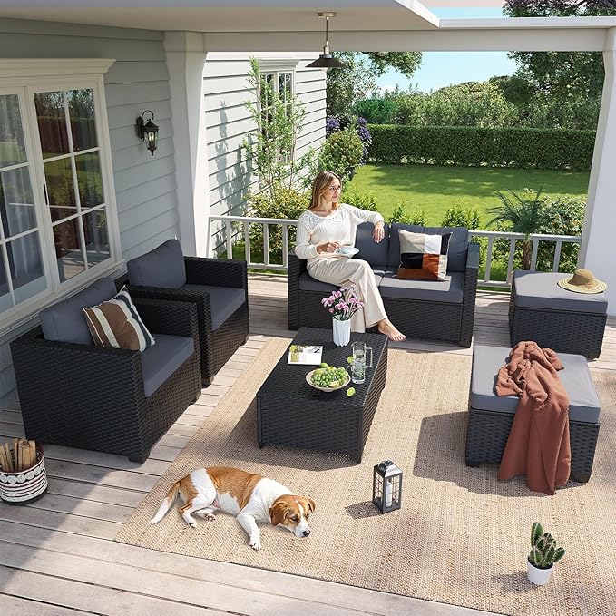 Aoxun 7 Piece Outdoor Patio Furniture Set 6 Seats, Outdoor Sectional with Thick Waterproof Cushions & Storage Coffee Table, Patio Conversation Sets for Garden,Backyard, Porch, Balcony, Deck, Gray
