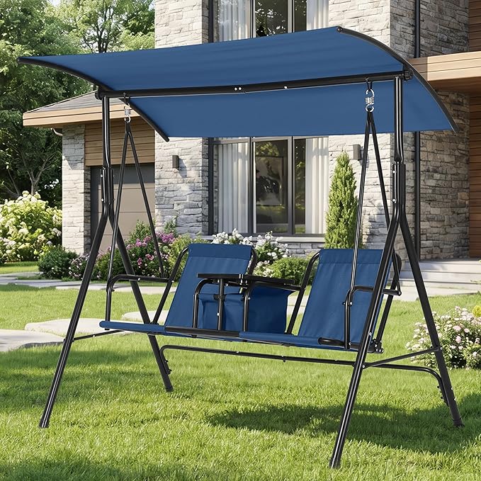 2-Person Porch Swing with Cup Holders, Pivot Storage Table & Cooler Bag, Adjustable Canopy, Black Steel Frame Outdoor Patio Swing for Backyard, Balcony & Poolside