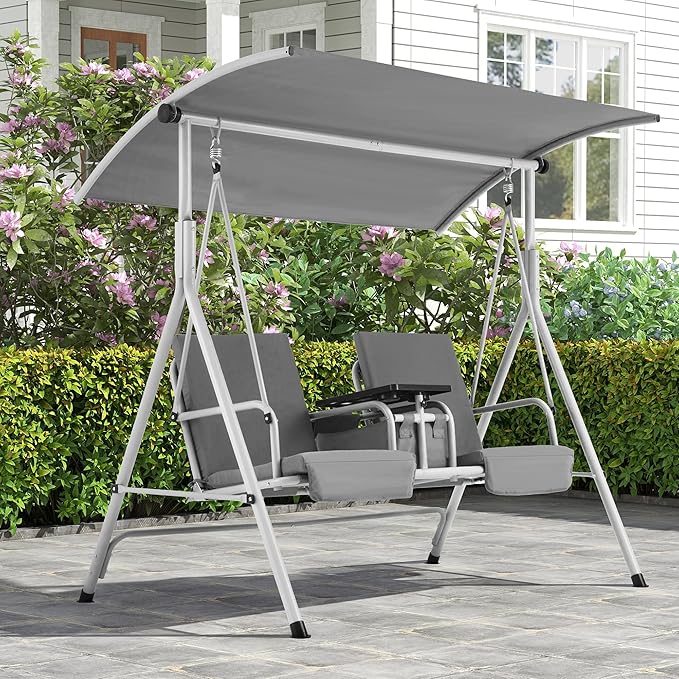 HOMREST 2 Seat Outdoor Porch Swing,Patio Swing with Adjustable Canopy,Heavy Duty 650 LBS Outdoor Swing with Pivot Storage Table & 2 Cup Holders & Cushions for Yard, Lawn, Backyard, (Grey)
