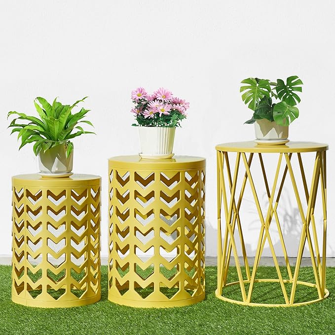 Nesting Side Table Set of 3 Decorative Round Garden Stools for Indoor Outdoor Heavy Duty Metal Frame Side Table Nightstands Modern End Table Plant Stand, Yellow