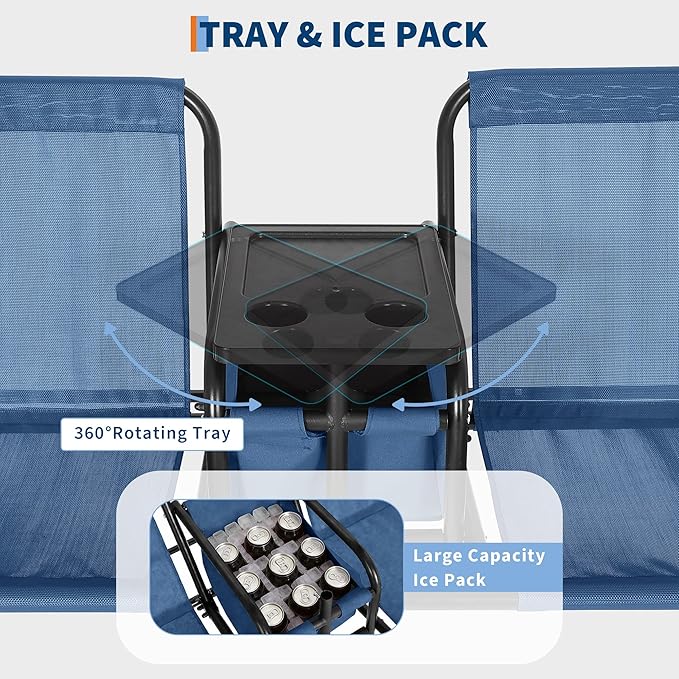 Porch Swing with Cup Holders & Pivot Storage Table & Cooler Bag with Adjustable Canopy for 2 Person Patio Swing for Backyard Balcony Poolside Red Blue
