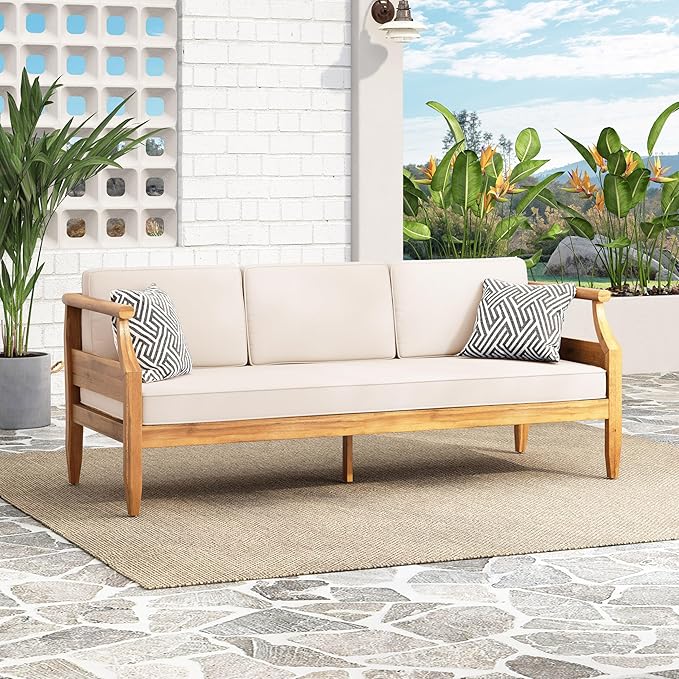 Christopher Knight Home Aston Outdoor 3 Seater Sofa, Upholstered Cushion Couch, Acacia Wood Bench Sofa, Slat Armchair, 73.25" W Spacious Seating Bench Couch for Gardern Porch Balcony, Teak+Beige